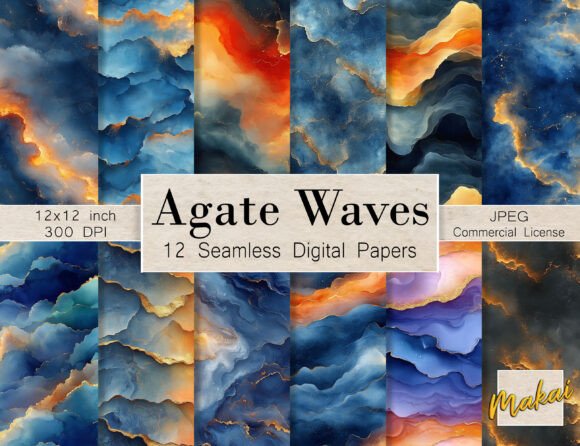 12 Geode Gold Blue Seamless Patterns